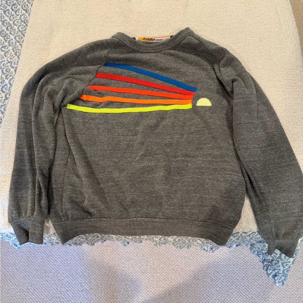 Aviator Nation Gray Crewneck Sweater with Red Accents